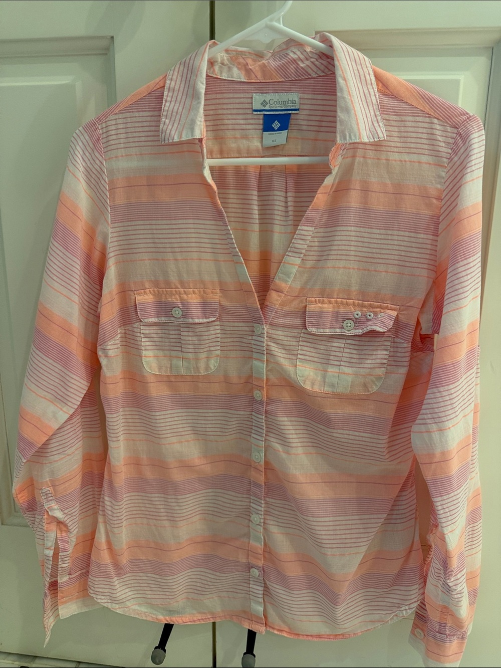 Columbia Peach and White Striped Button-Up Shirt